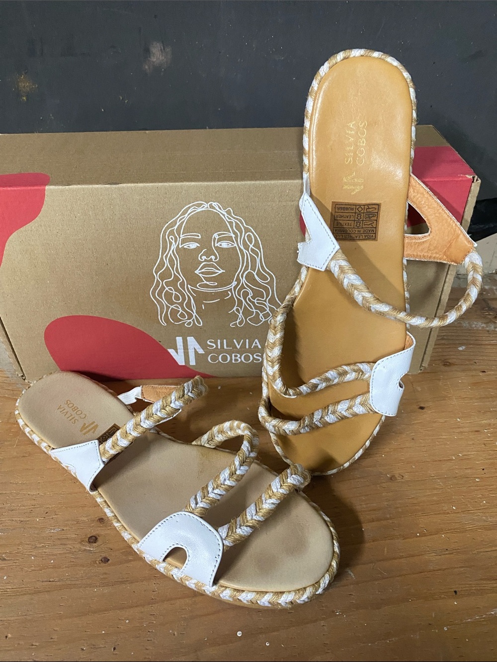 Silvia Cobos White & Tan Braided Slide Sandals